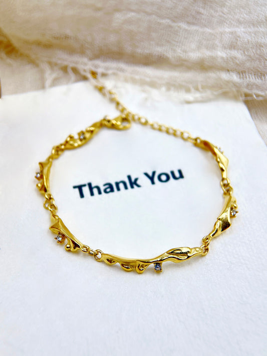 Vintage Gold Irregular Textured Bracelet with Zircon Accents | Elegant Minimalist Women's Jewelry | Unique Thank-You Gift Idea