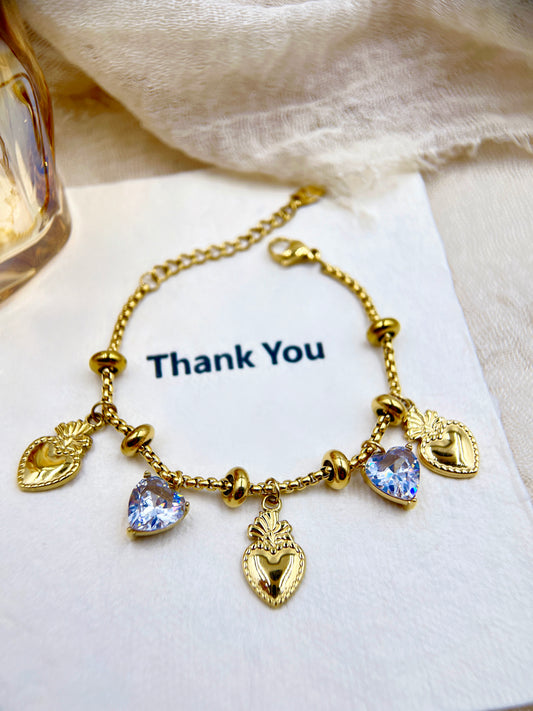 Vintage Gold Heart-Shaped Zirconia Bracelet | Elegant and Sparkling Women's Jewelry | A Romantic Thank You Gift