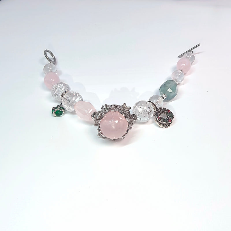 Christmas Couple Bracelets: Rose Quartz & Green Fluorite Set with Holiday Charms