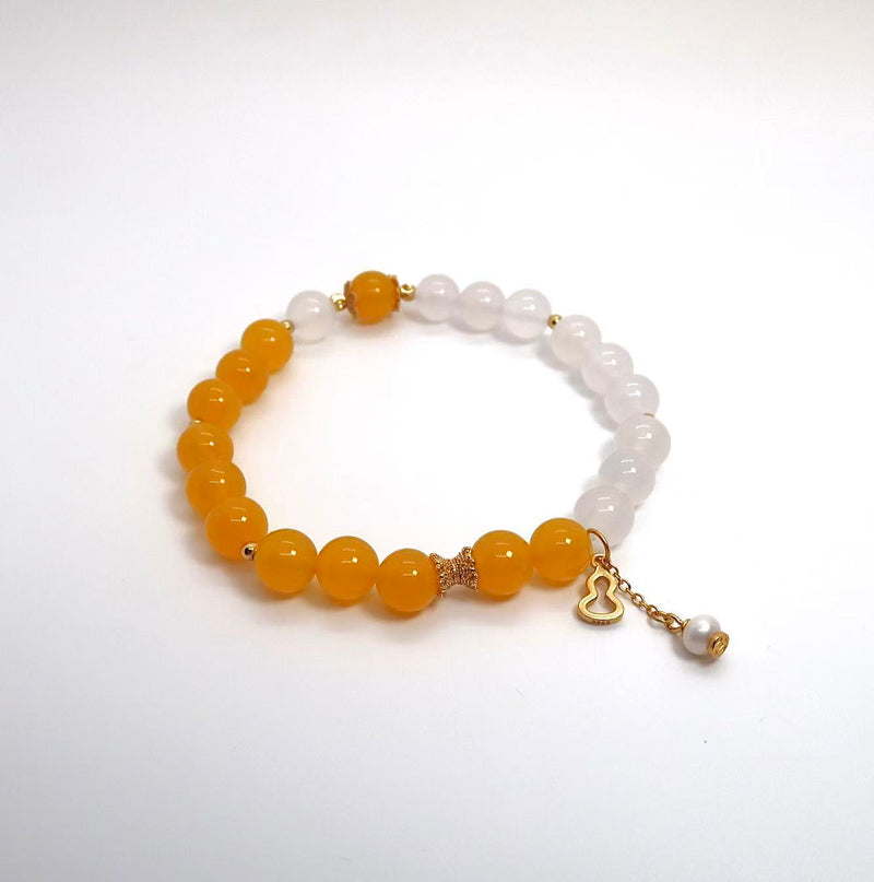 Gold-Plated Filigree Gourd Bracelet - Yellow & White Agate with Pearl