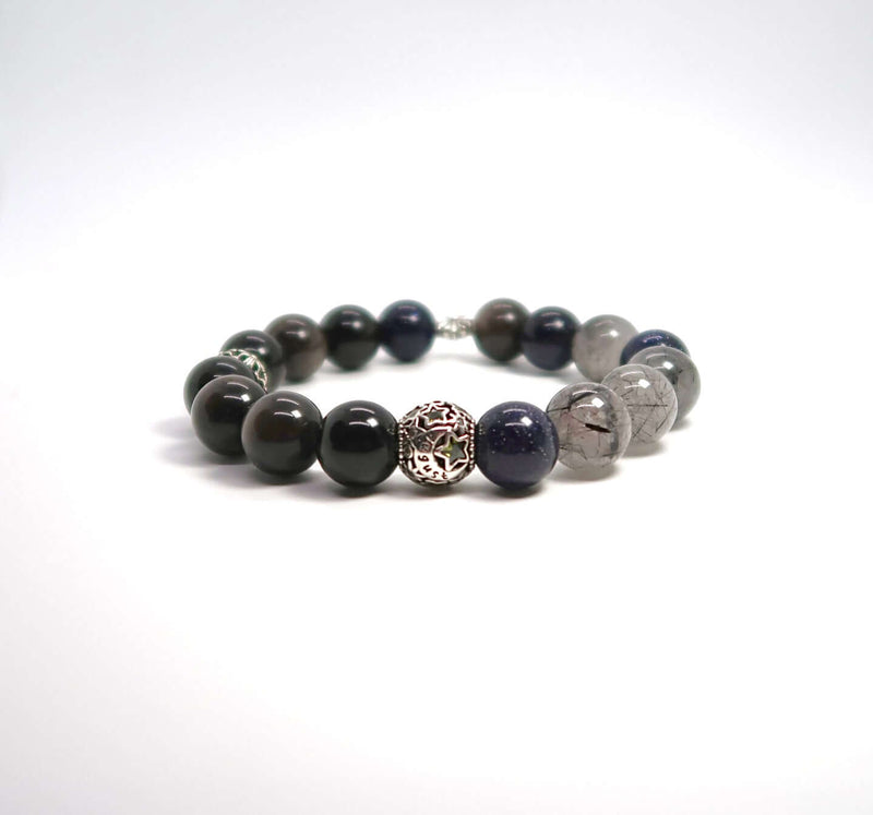 Natural Silver Obsidian&Black Rutilated Quartz Sterling Silver Bracelet - DXbracelet