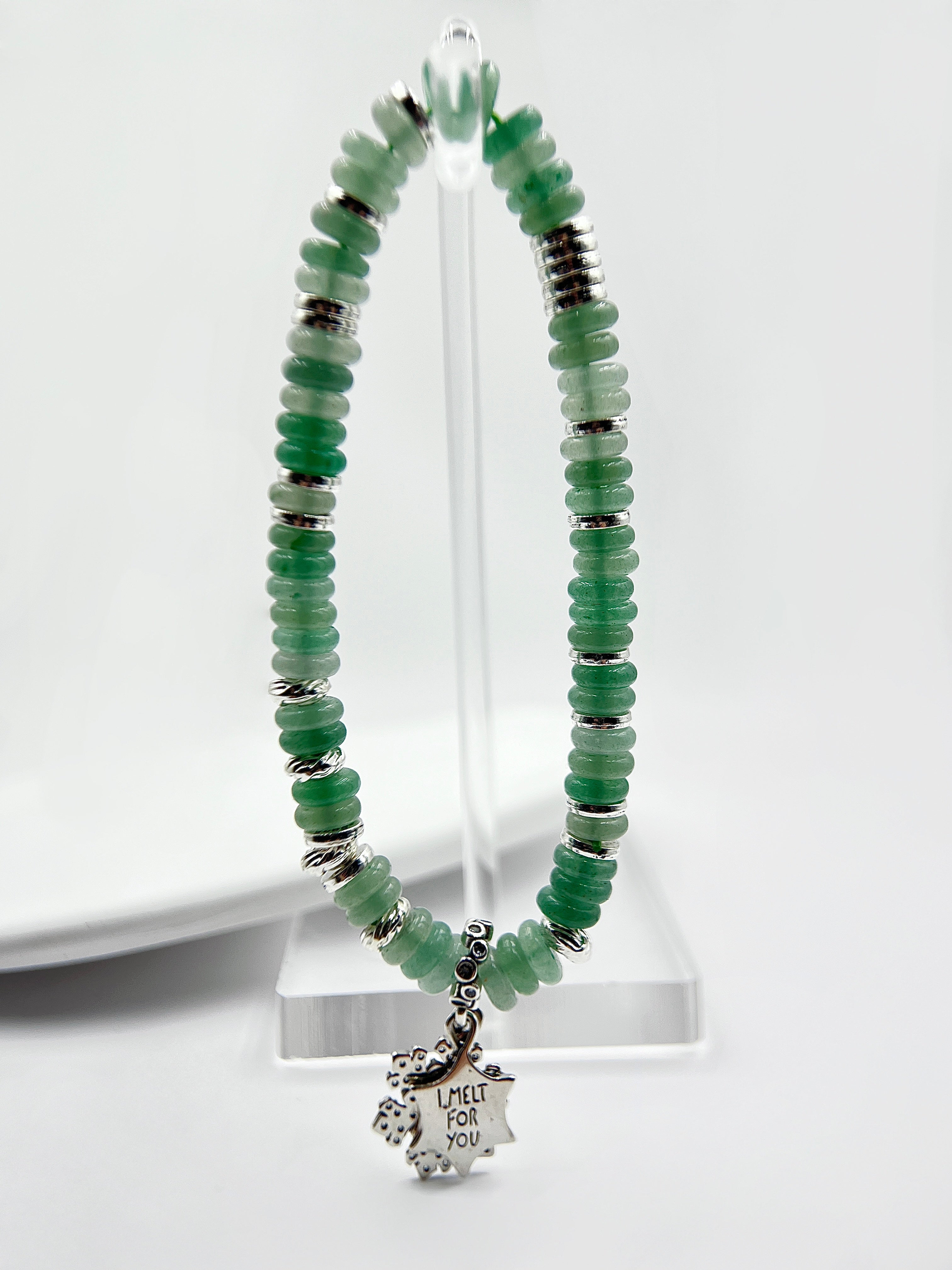 Green Aventurine Bracelet with Fixed Snowflake Charm | Christmas Layering Jewelry