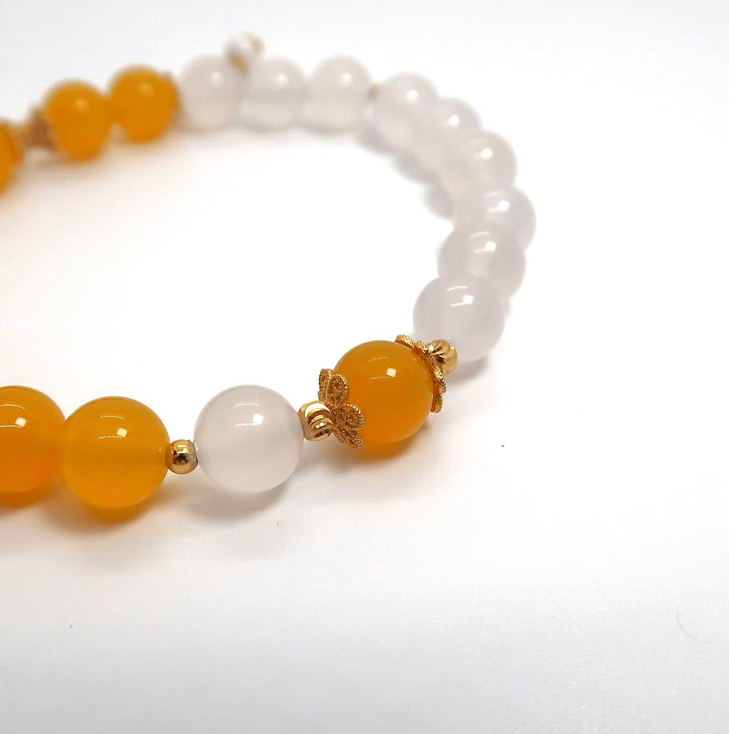 Gold-Plated Filigree Gourd Bracelet - Yellow & White Agate with Pearl
