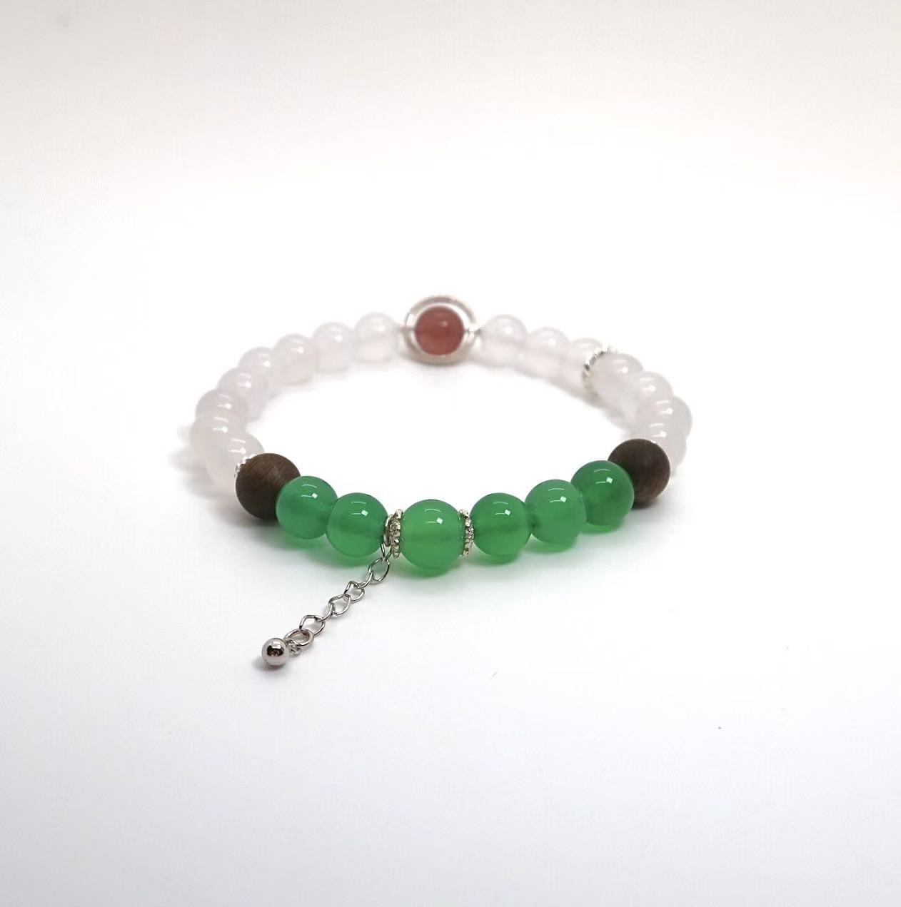 White Agate, Green Agate & Strawberry Quartz Bracelet with Silver Chain