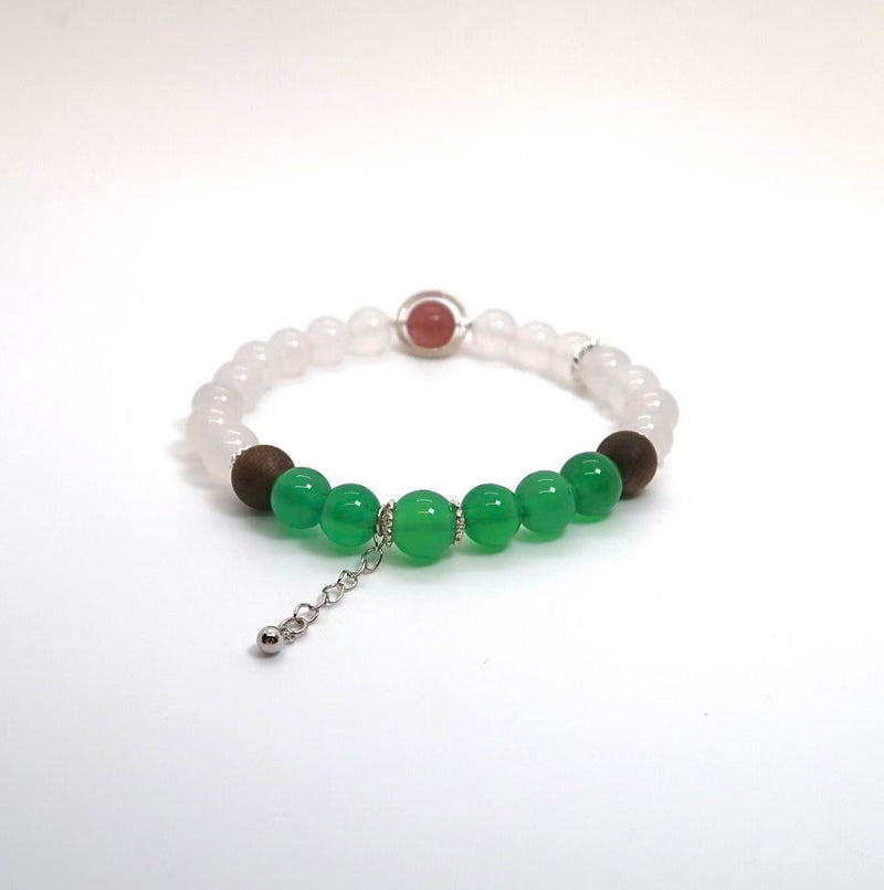 White Agate, Green Agate & Strawberry Quartz Bracelet with Silver Chain