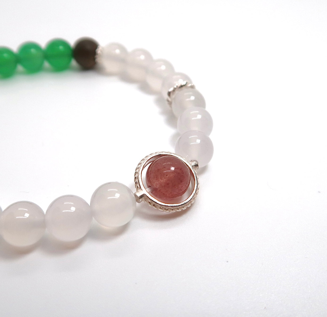 White Agate, Green Agate & Strawberry Quartz Bracelet with Silver Chain