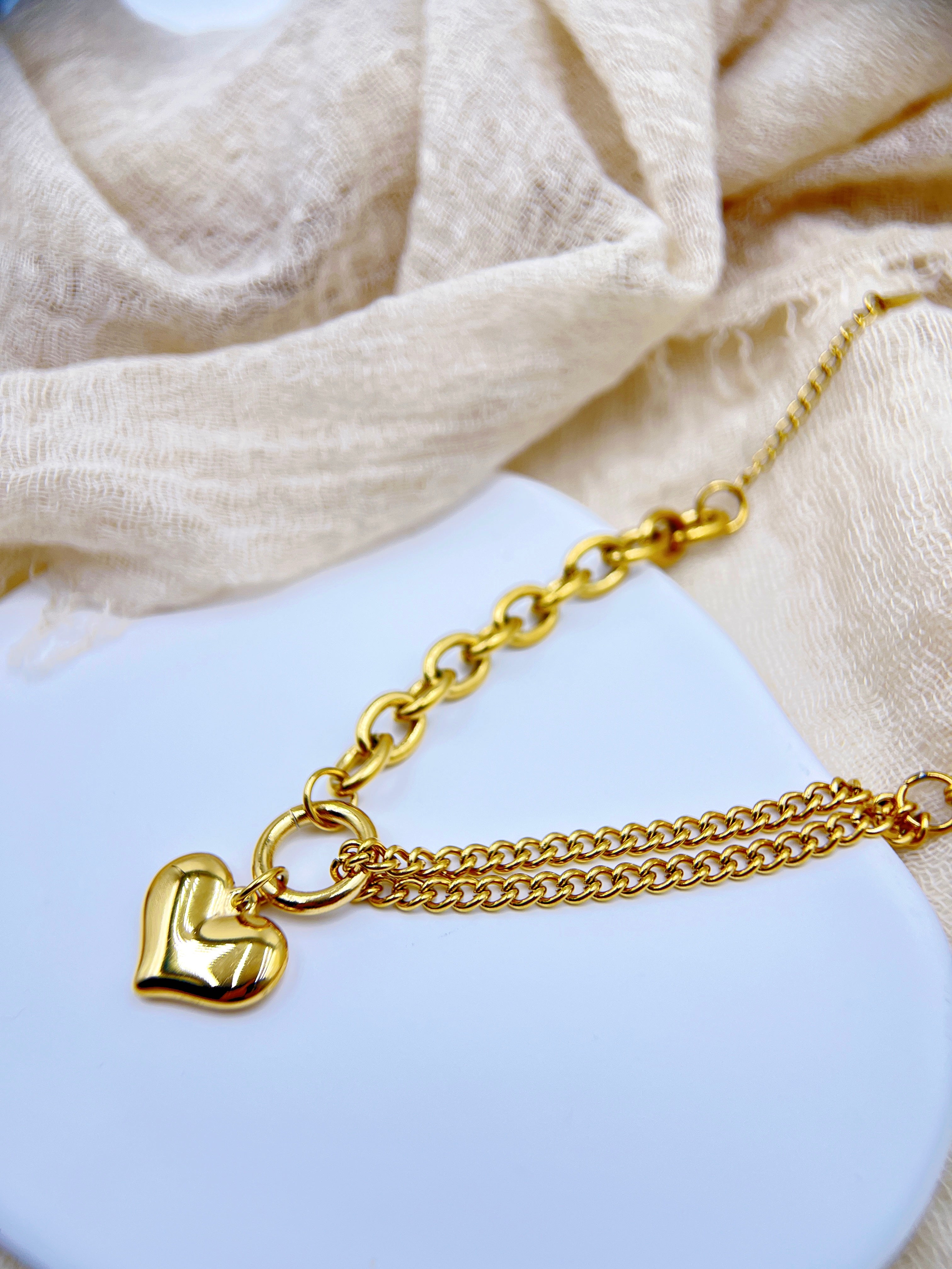 Vintage Gold Mixed - Chain Heart Charm Bracelet | Edgy Statement Jewelry for Women | Thoughtful Thank - You Gift Idea