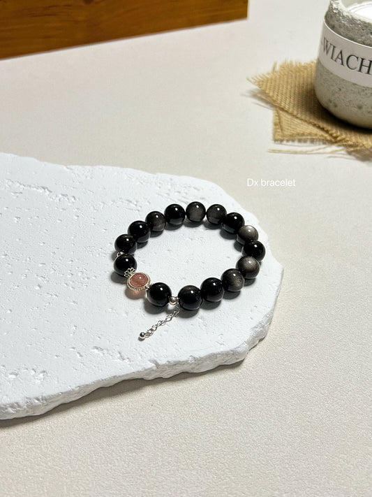 Bracelet en argent sterling, quartz fraise et obsidienne