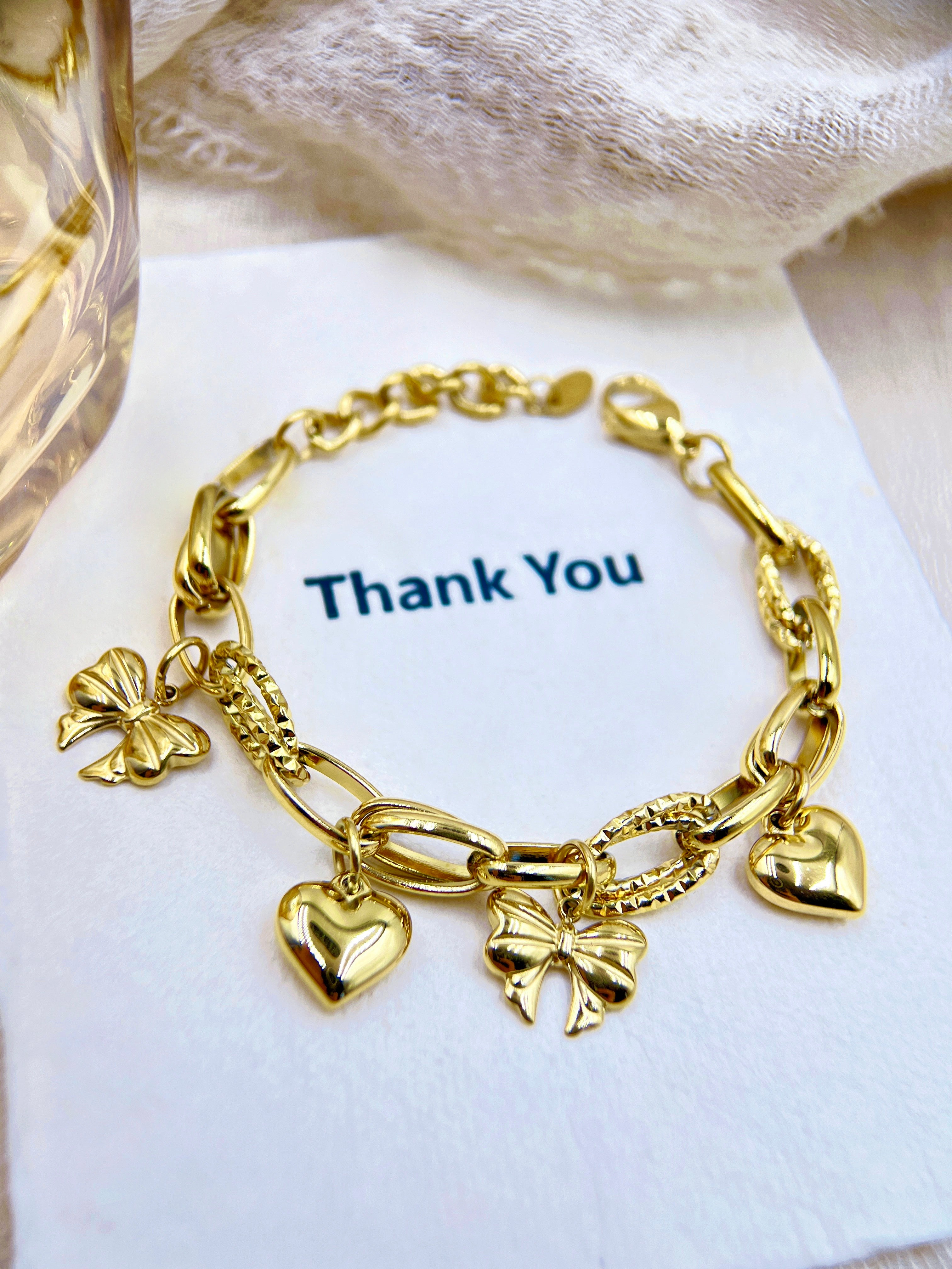 Vintage Gold Tone Charm Bracelet with Heart & Bow Details | Trendy Statement Jewelry for Women | Thank You Gift Idea