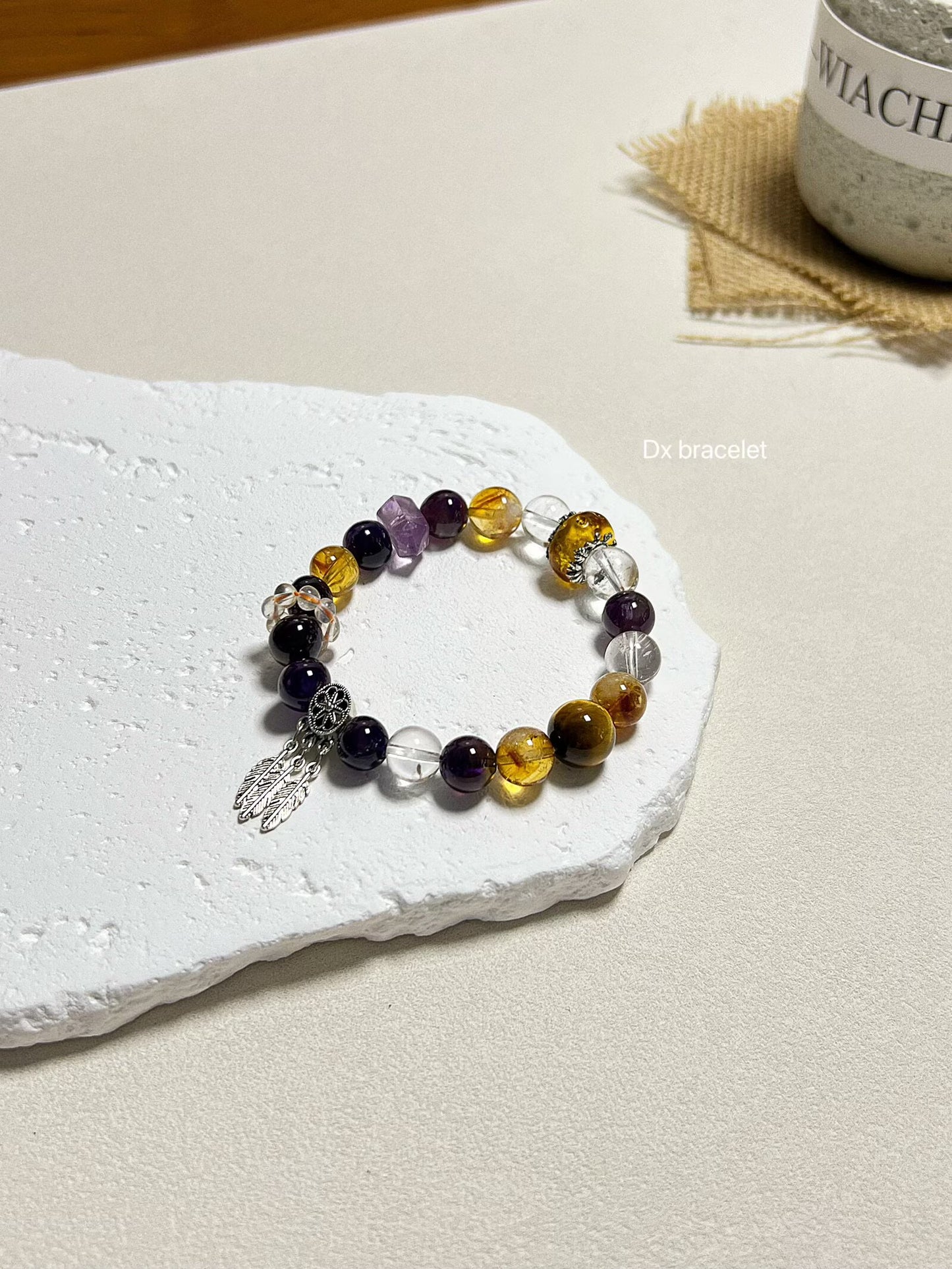 Amethyst &White Crystal Sterling Silver Feather Bracelet