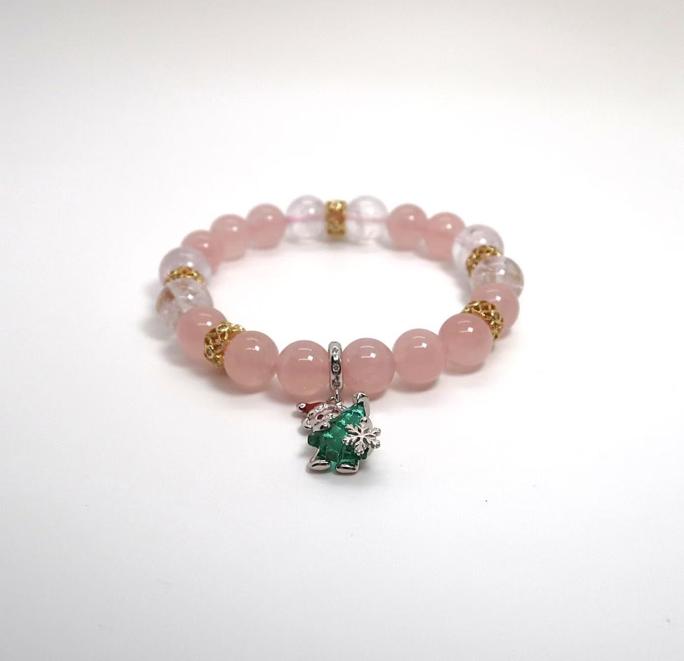 Bracelet de Noël en quartz rose et lavande avec breloque ours