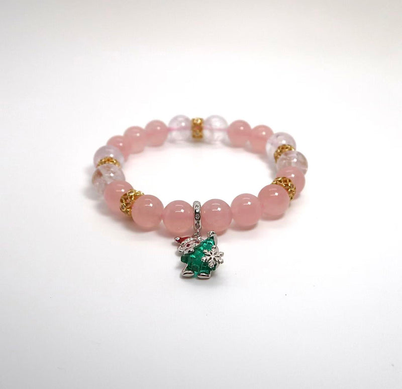 Pink and Lavender Quartz Christmas Bracelet with Bear Charm