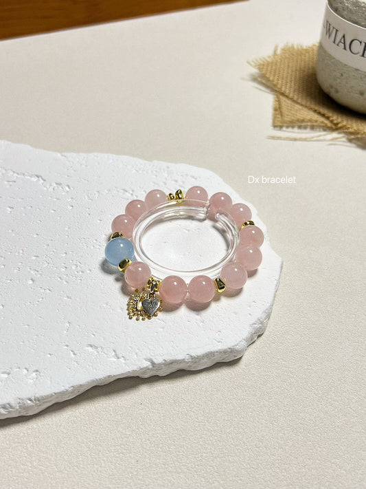 Bracelet en perles de quartz rose, turquoise et or