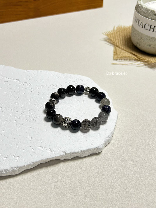 Bracelet en argent sterling avec obsidienne naturelle et quartz rutile noir