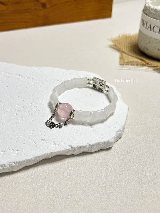 Bracelet à maillons en quartz rose et perle fantôme blanche