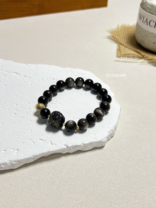 Bracelet en argent et onyx noir avec tête de lion