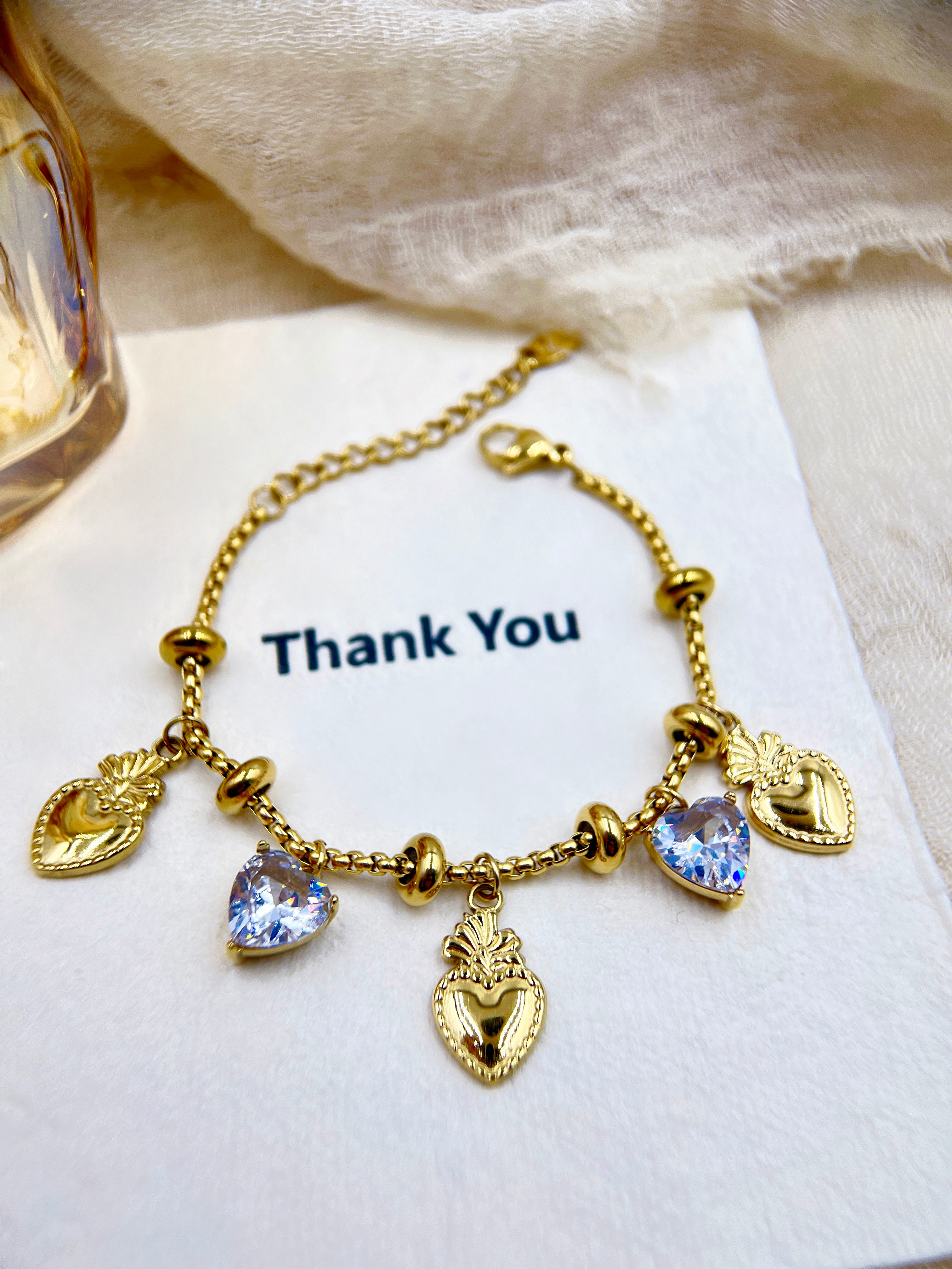 Vintage Gold Heart-Shaped Zirconia Bracelet | Elegant and Sparkling Women's Jewelry | A Romantic Thank You Gift