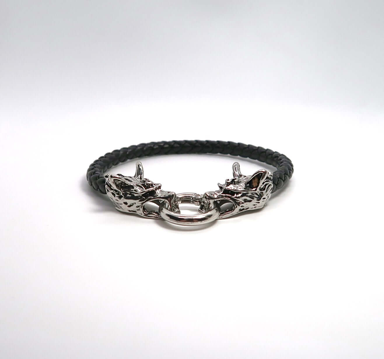 Unique Handcrafted Wolf-Head Bracelet for Men - Titanium Steel Clasp with Leather Cord - DXbracelet