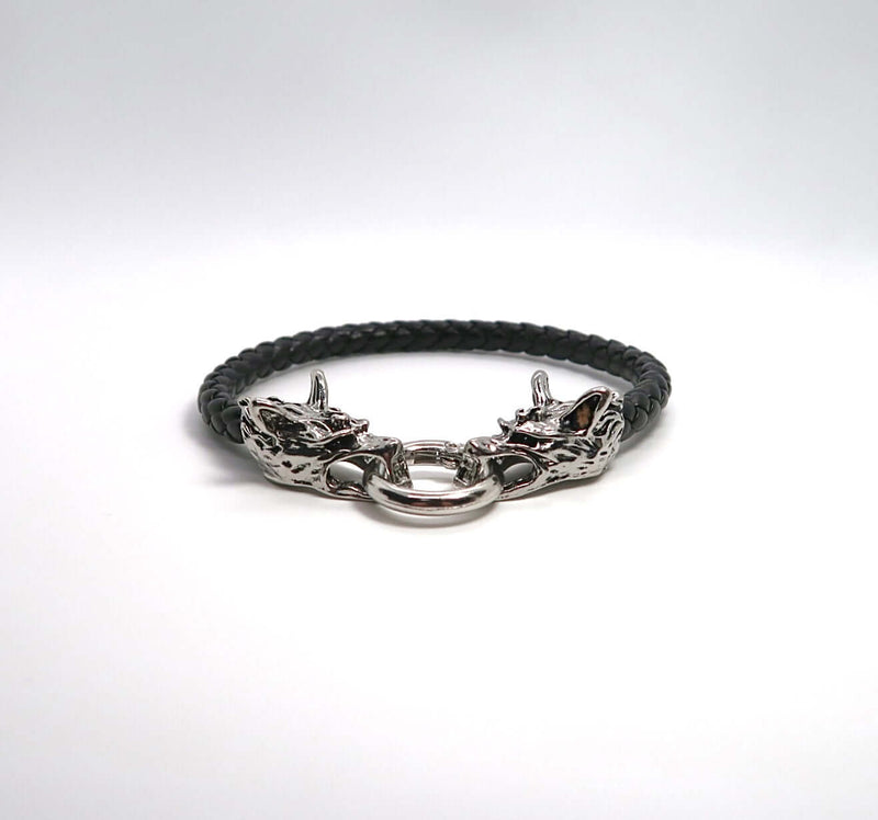 Unique Handcrafted Wolf-Head Bracelet for Men - Titanium Steel Clasp with Leather Cord - DXbracelet