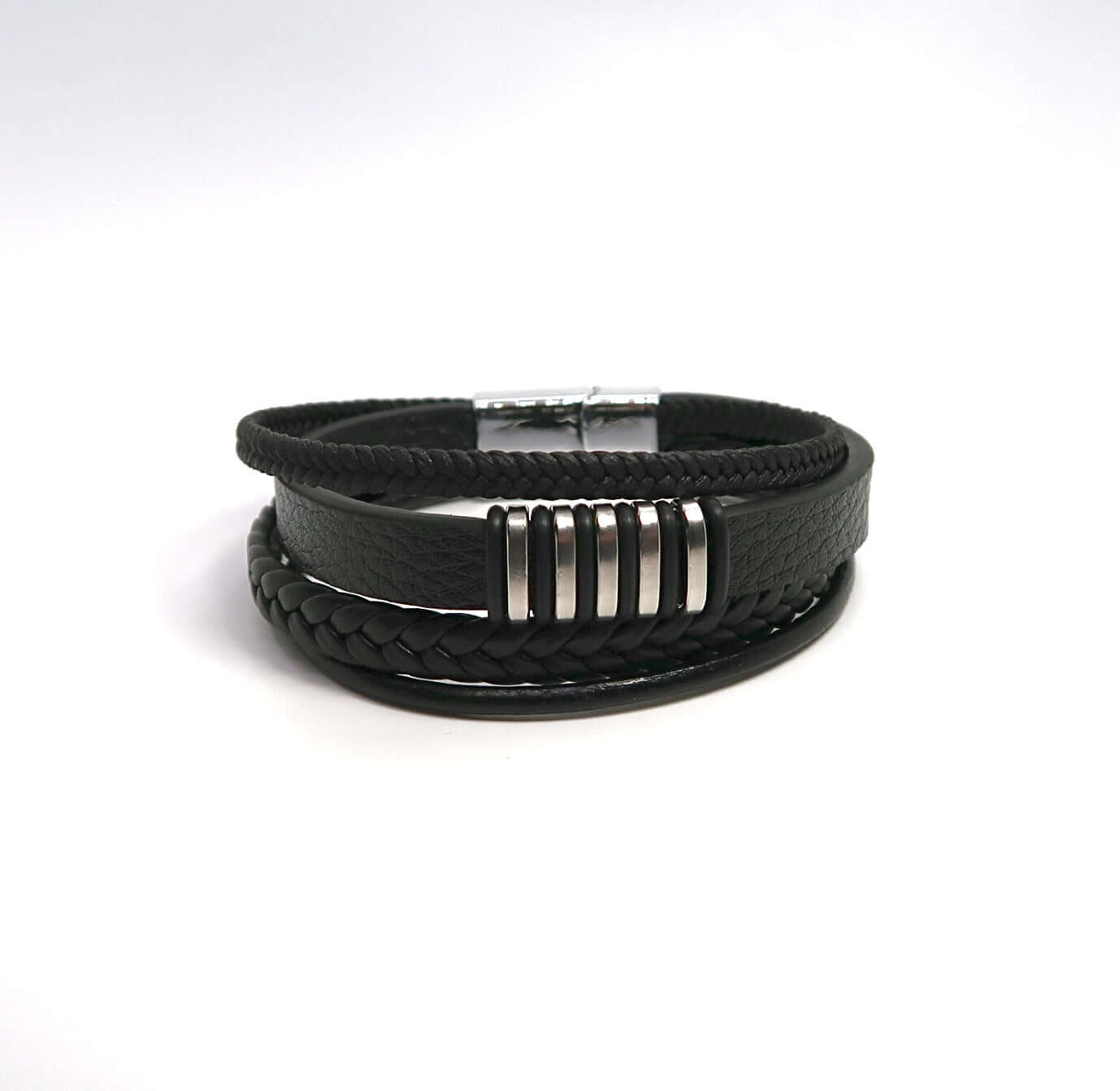 Men's Stacked Leather & Alloy Magnetic Clasp Cuff Bracelet - DXbracelet