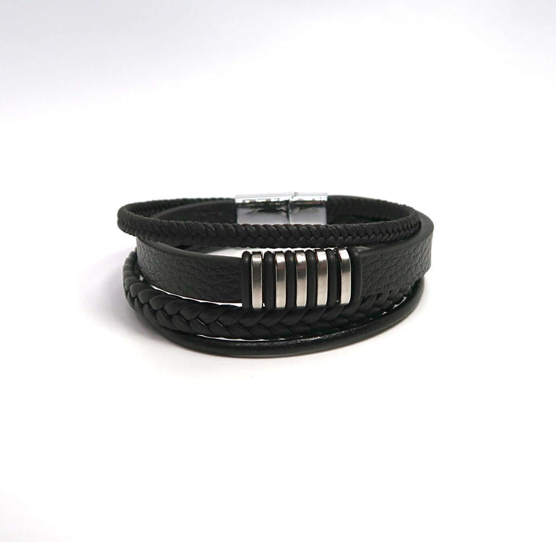 Men's Stacked Leather & Alloy Magnetic Clasp Cuff Bracelet - DXbracelet