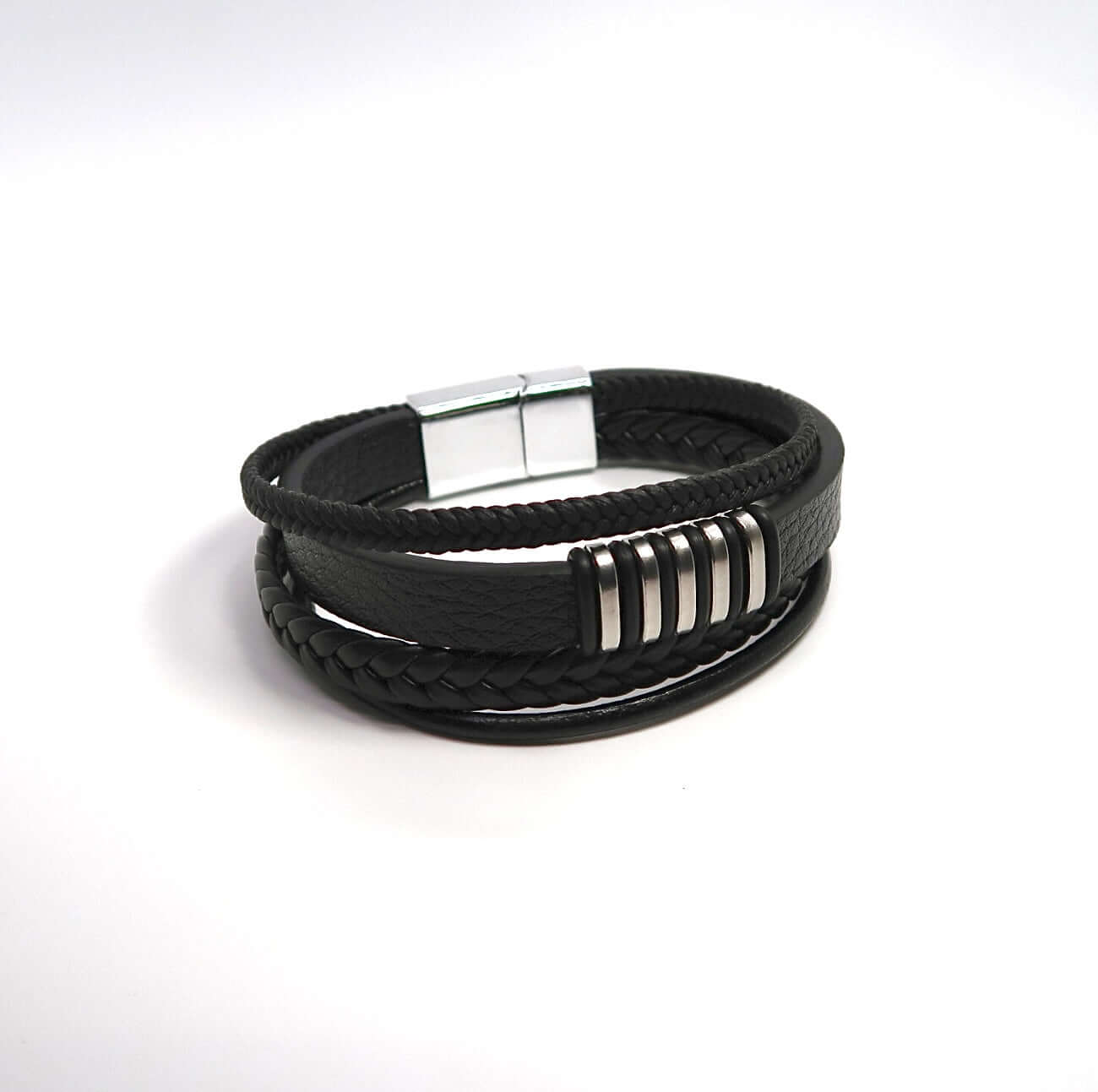 Men's Stacked Leather & Alloy Magnetic Clasp Cuff Bracelet - DXbracelet