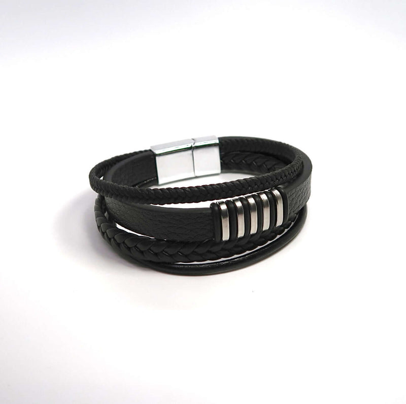 Men's Stacked Leather & Alloy Magnetic Clasp Cuff Bracelet - DXbracelet