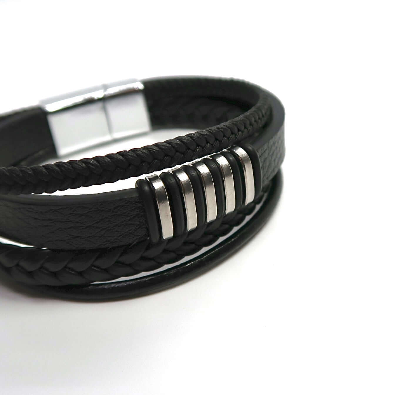 Men's Stacked Leather & Alloy Magnetic Clasp Cuff Bracelet - DXbracelet
