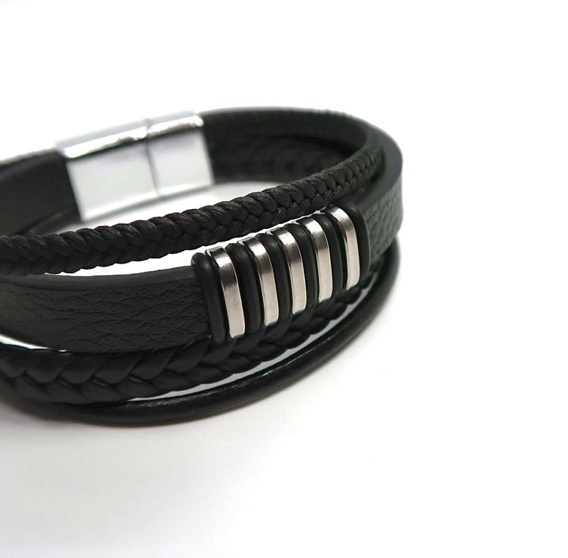 Men's Stacked Leather & Alloy Magnetic Clasp Cuff Bracelet - DXbracelet