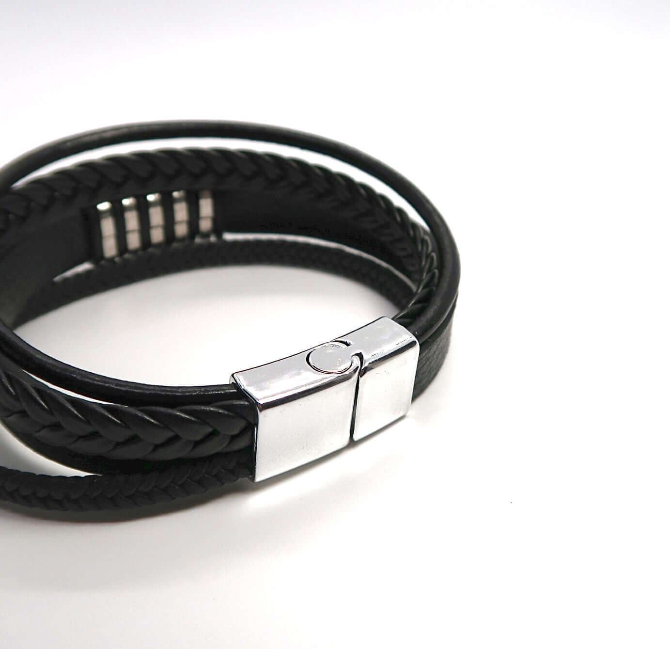 Men's Stacked Leather & Alloy Magnetic Clasp Cuff Bracelet - DXbracelet
