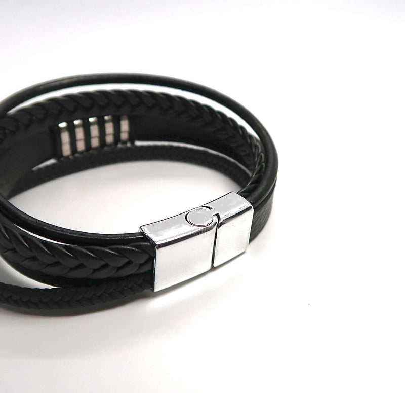 Men's Stacked Leather & Alloy Magnetic Clasp Cuff Bracelet - DXbracelet