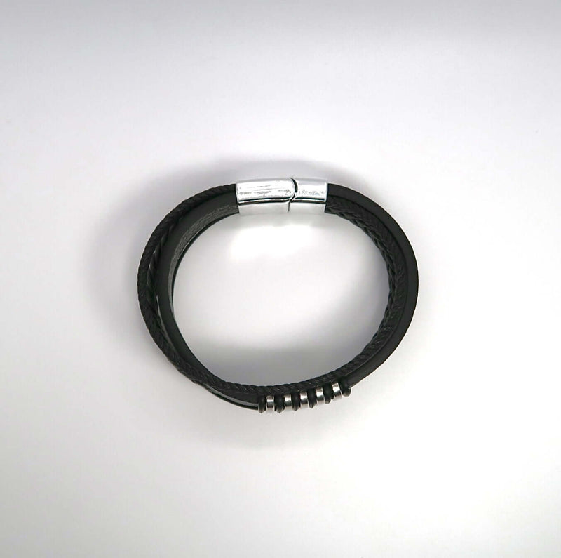 Men's Stacked Leather & Alloy Magnetic Clasp Cuff Bracelet - DXbracelet