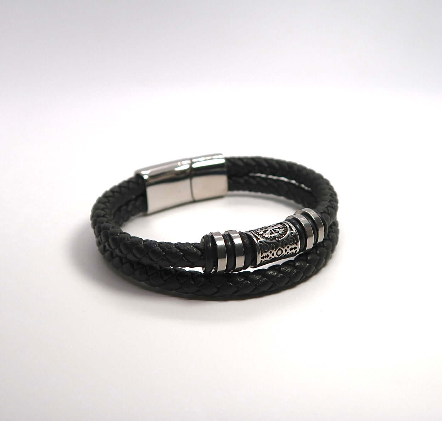 Vintage Symbol-Adorned Double Loop Handwoven Leather Cuff - DXbracelet