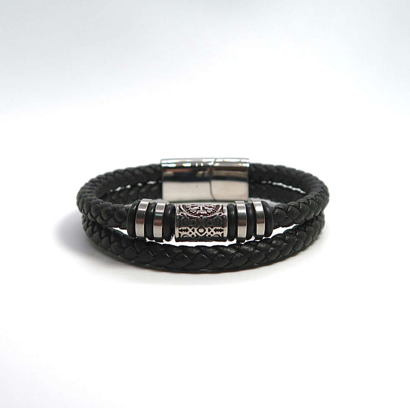 Vintage Symbol-Adorned Double Loop Handwoven Leather Cuff - DXbracelet