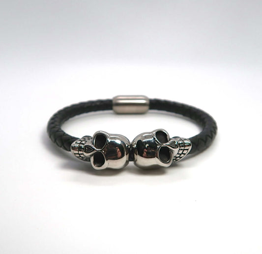 Men's Gothic Skull Braided Leather & Titanium Steel Cuff - DXbracelet