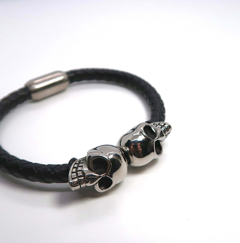 Men's Gothic Skull Braided Leather & Titanium Steel Cuff - DXbracelet