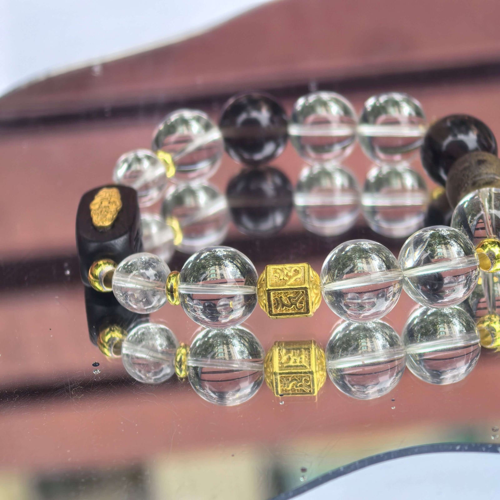 Matching Couple Bracelets in Natural White Crystal and Ebony with Gold Accents - DXbracelet