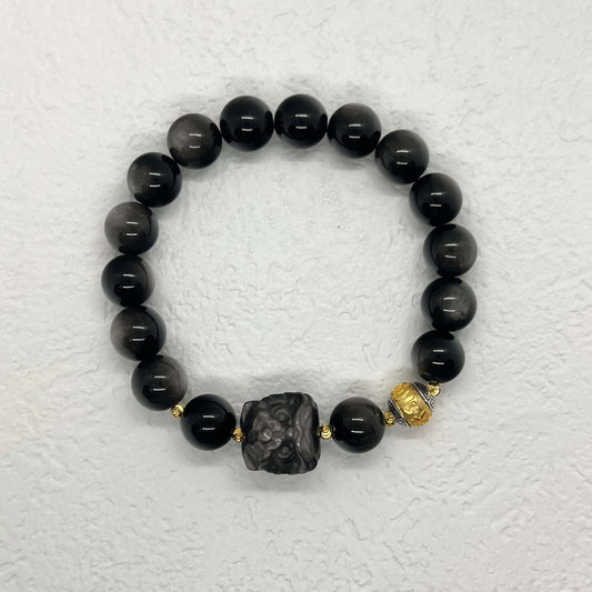 Lion Head Black Onyx Silver Bracelet