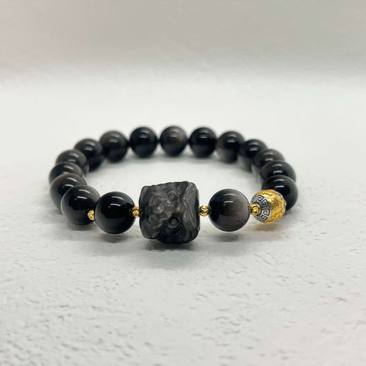 Lion Head Black Onyx Silver Bracelet