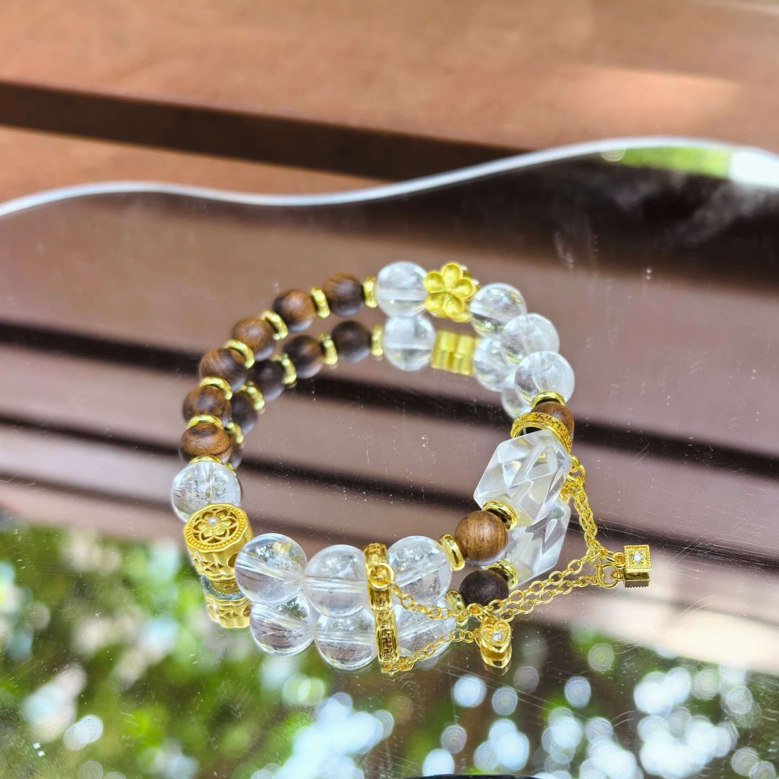Matching Couple Bracelets in Natural White Crystal and Ebony with Gold Accents - DXbracelet