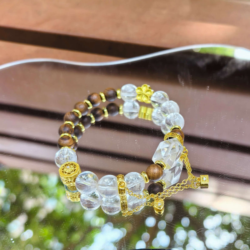 Matching Couple Bracelets in Natural White Crystal and Ebony with Gold Accents - DXbracelet
