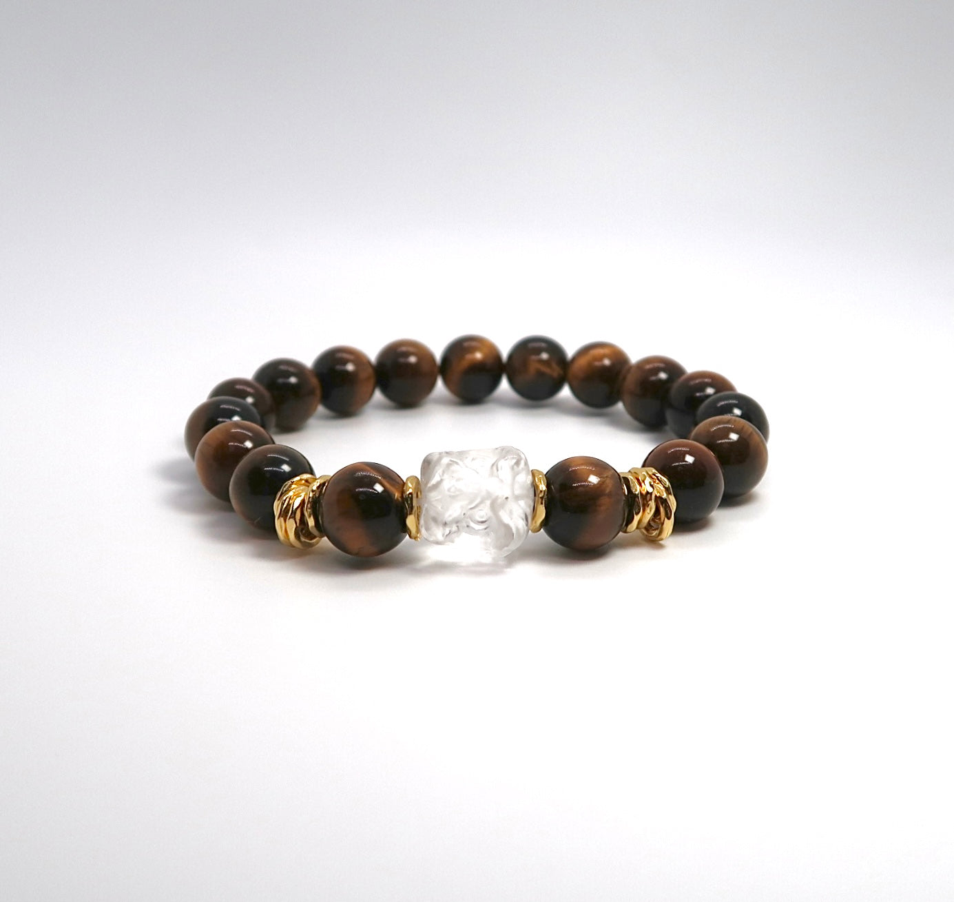 Tiger's Eye and Lion Couple Bracelets with Gold Plated Silver Coils