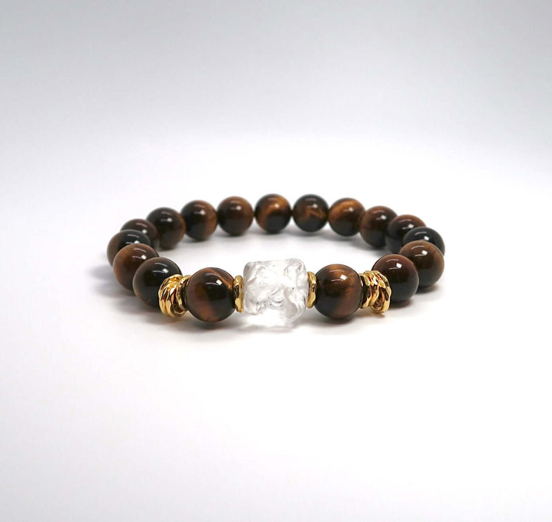 Tiger's Eye and Lion Couple Bracelets with Gold Plated Silver Coils - DXbracelet