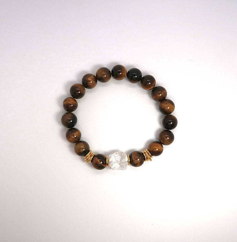 Tiger's Eye and Lion Couple Bracelets with Gold Plated Silver Coils - DXbracelet