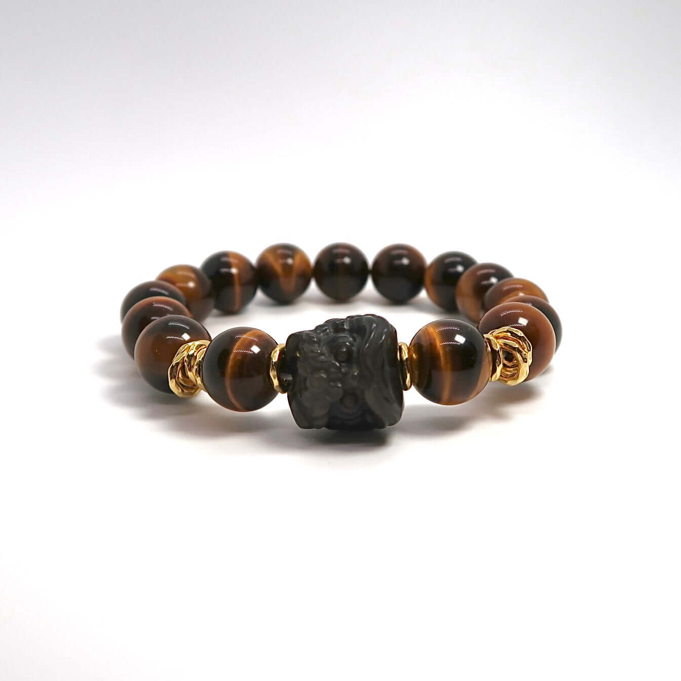 Tiger's Eye and Lion Couple Bracelets with Gold Plated Silver Coils - DXbracelet