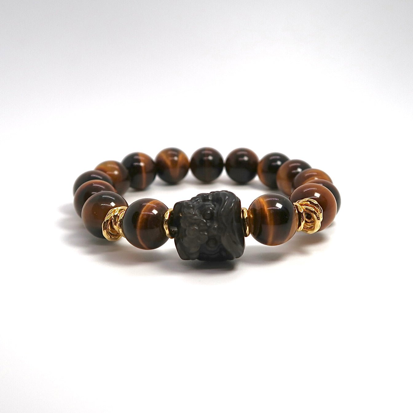 Tiger's Eye and Lion Couple Bracelets with Gold Plated Silver Coils
