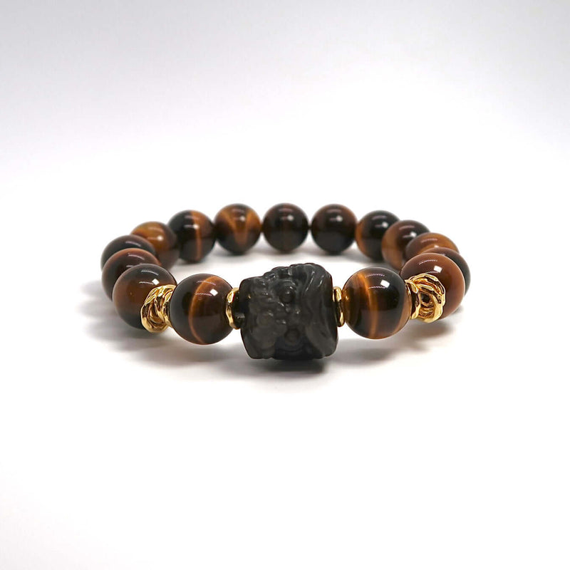 Tiger's Eye and Lion Couple Bracelets with Gold Plated Silver Coils - DXbracelet