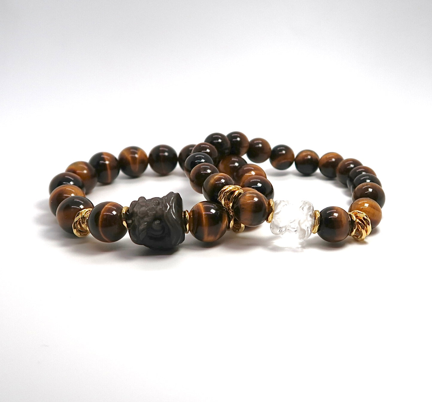 Tiger's Eye and Lion Couple Bracelets with Gold Plated Silver Coils