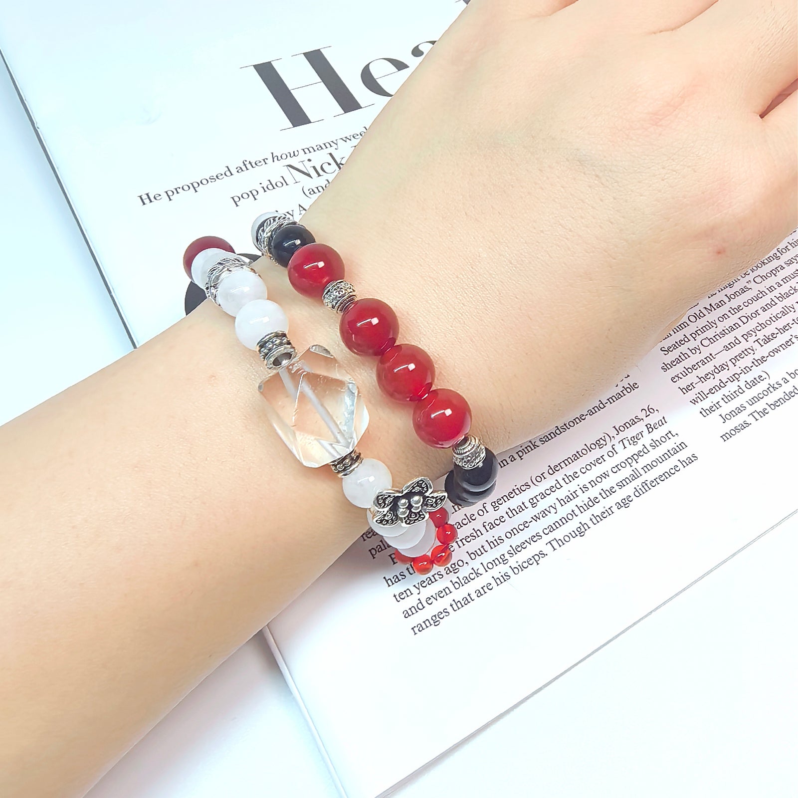Matching Multi-Wrap Couple Bracelets with Red Agate & Silver Feather - Unique Gift