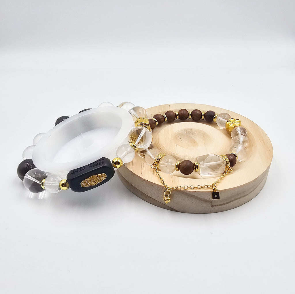 Matching Couple Bracelets in Natural White Crystal and Ebony with Gold Accents